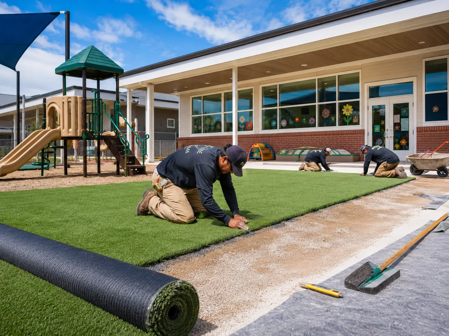 A vibrant green playground turf installation featuring soft cushioning and children playing outdoors safely.
