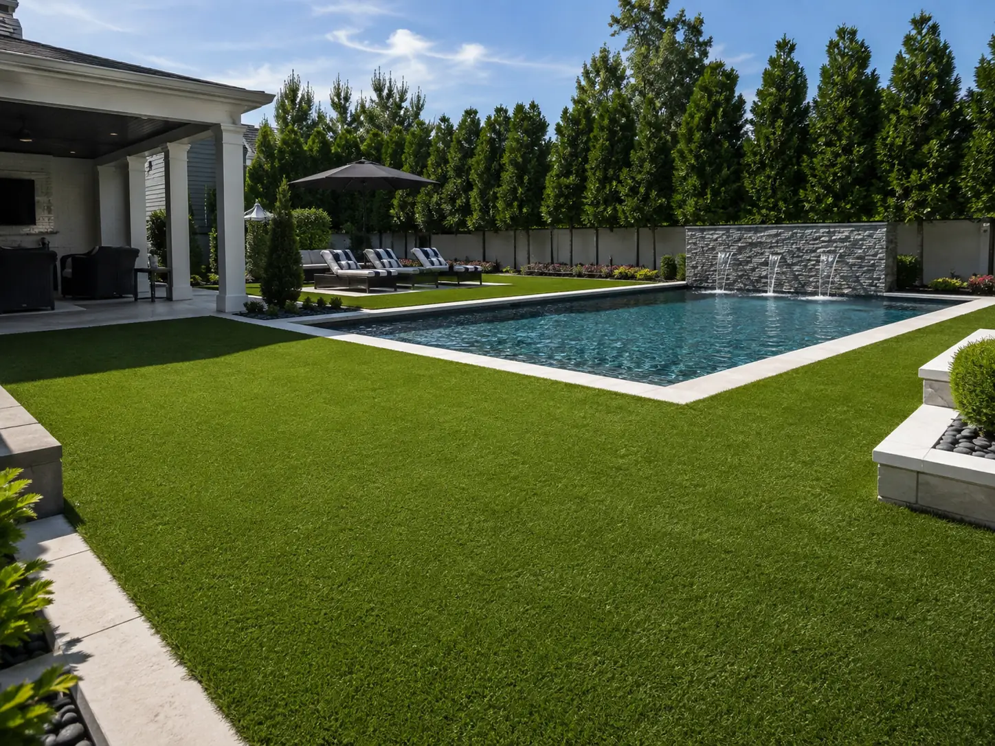 A modern rooftop patio featuring lush green artificial deck turf surrounding a sparkling swimming pool with lounge chairs.