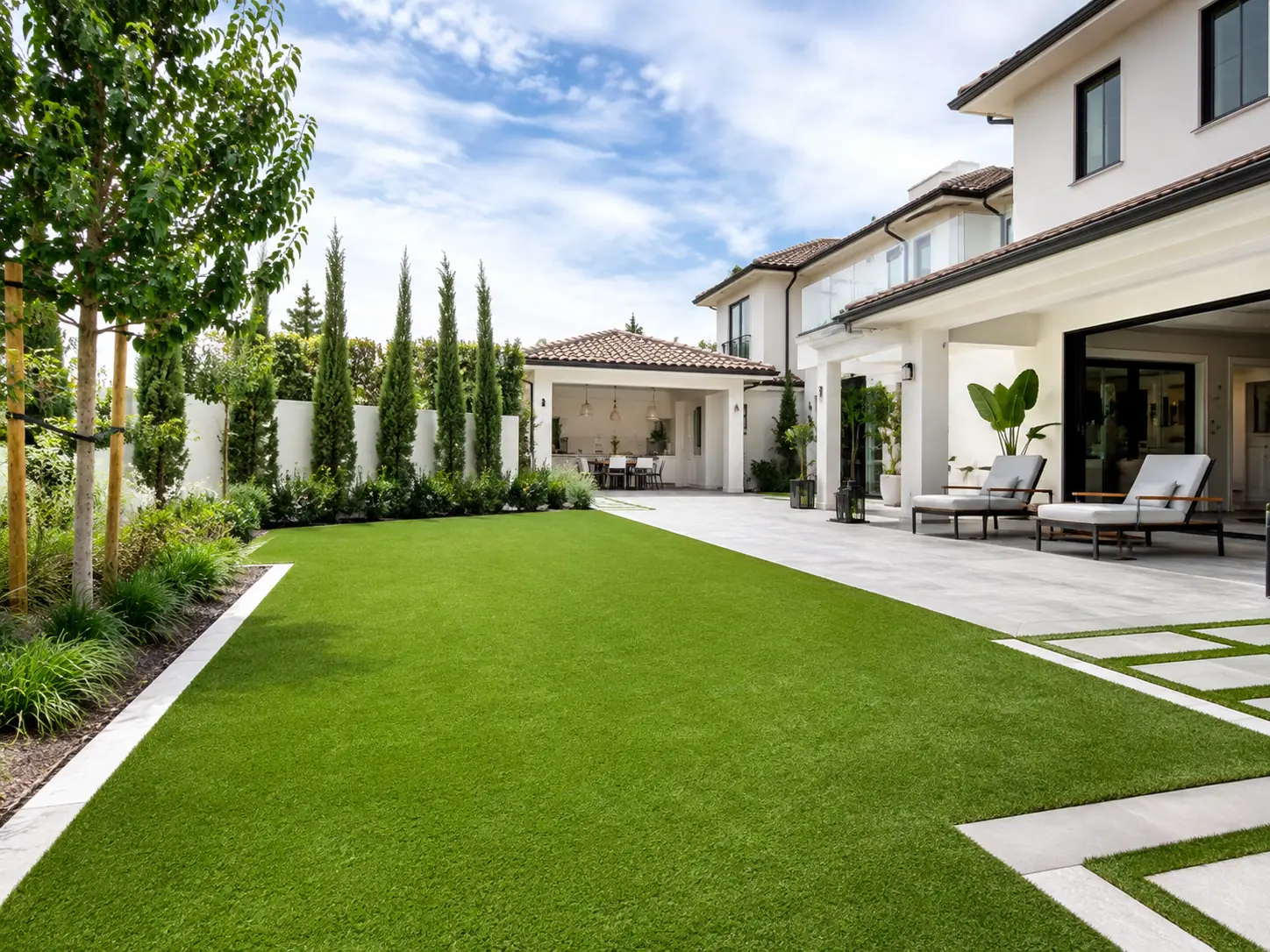A professional installation of walkway turf neatly fitted between stone pavers along a sunny residential garden path.