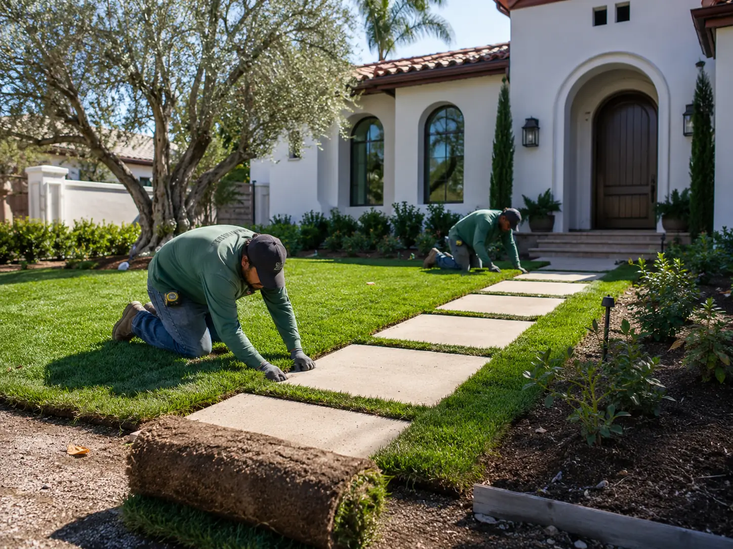 An aerial view showing lush green artificial turf neatly installed between concrete pavers on a modern residential driveway.