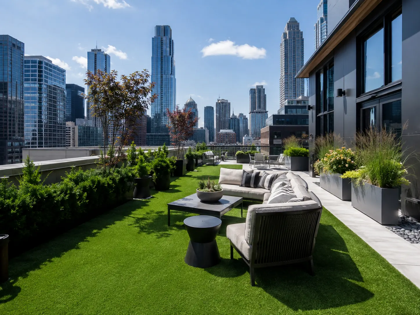 A rooftop patio featuring lush green artificial turf surrounding modern lounge chairs and an outdoor pool area.