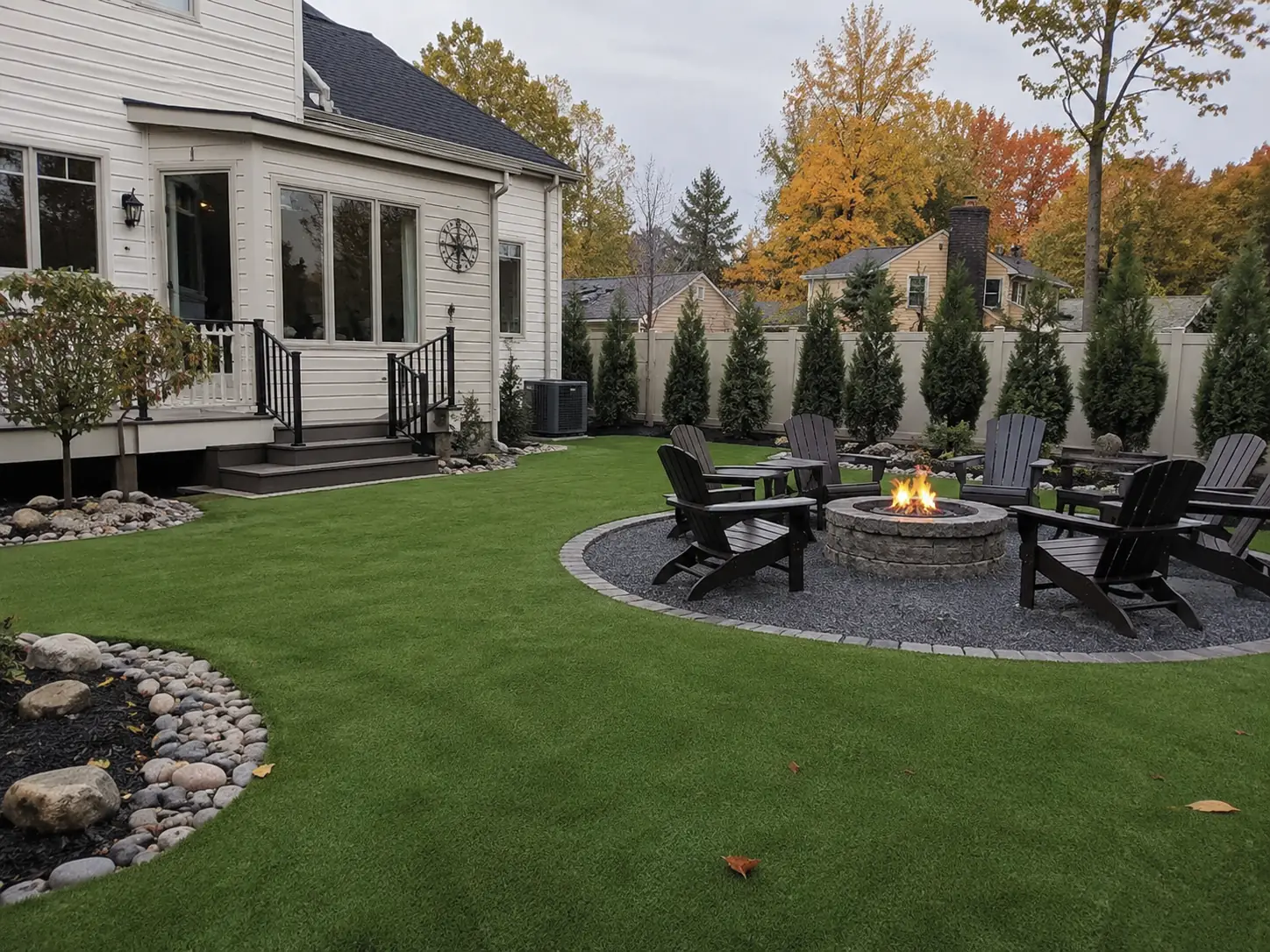 A vibrant green residential artificial turf lawn installed neatly around a modern suburban backyard patio and garden area.