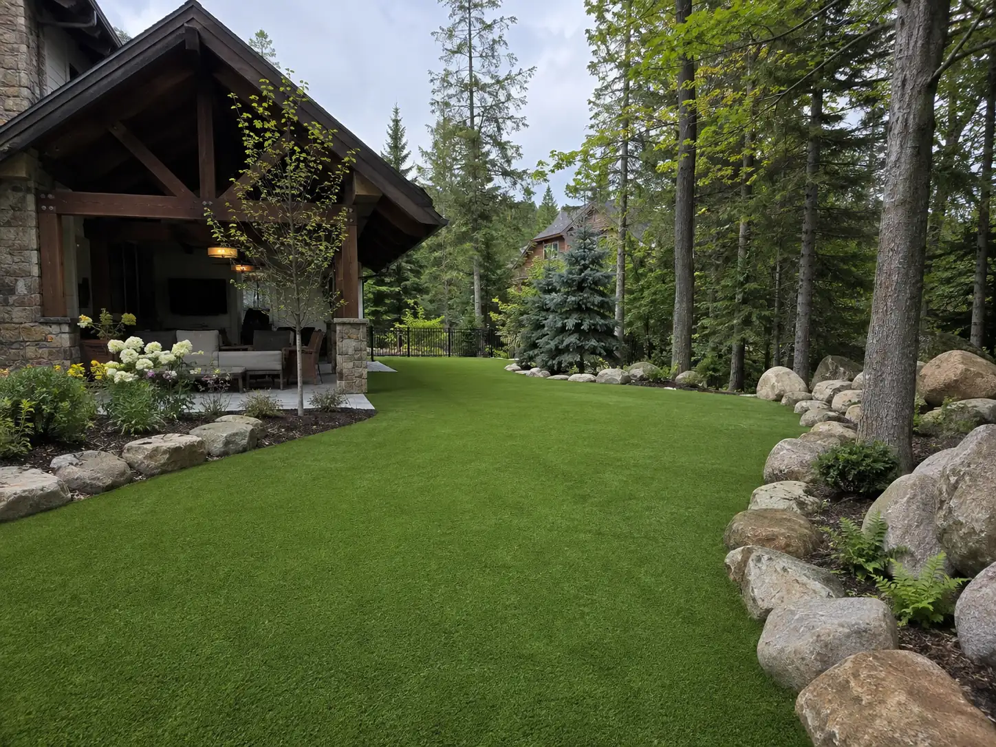 A vibrant green artificial pet turf installation inside a fenced commercial dog park with agility equipment.