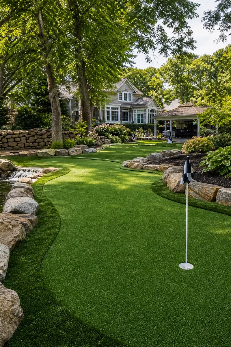 A professional backyard putting green featuring smooth nylon turf surrounded by neatly landscaped edging and a chipping area.