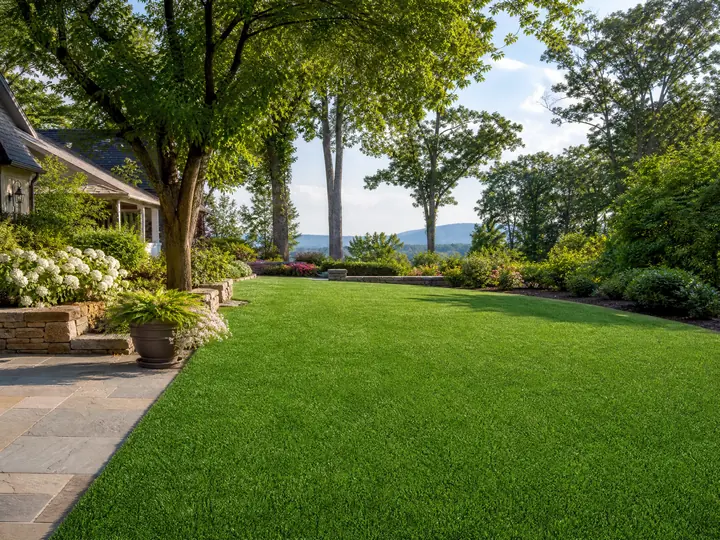 A vibrant green residential artificial lawn installed in a modern suburban backyard featuring lush landscaping and patio furniture.