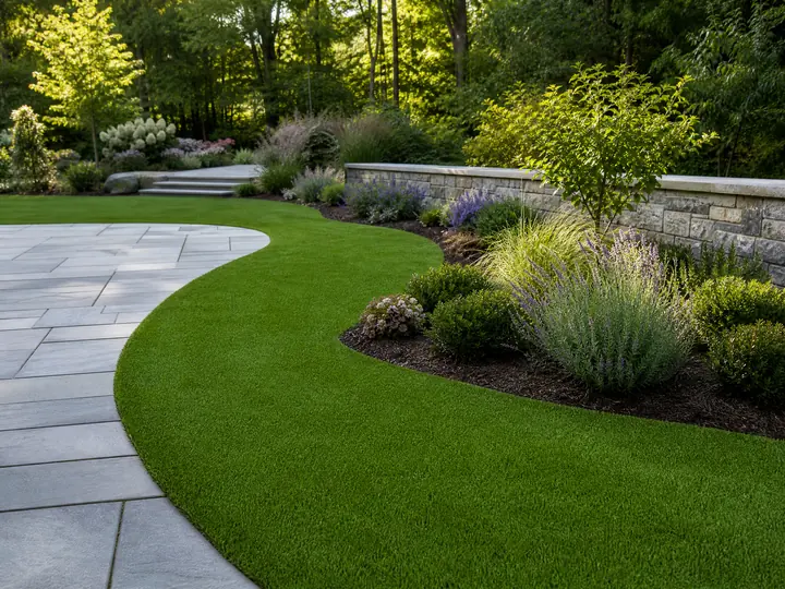 A neat residential artificial turf lawn features lush green blades in a sunny suburban backyard landscape installation.