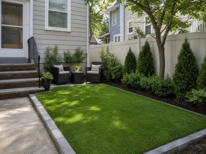 A neatly installed section of budget-friendly residential artificial turf in a suburban backyard.