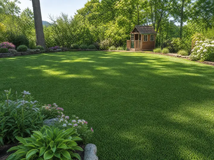 A vibrant residential play lawn featuring lush green artificial turf installed in a sunny backyard family play area.