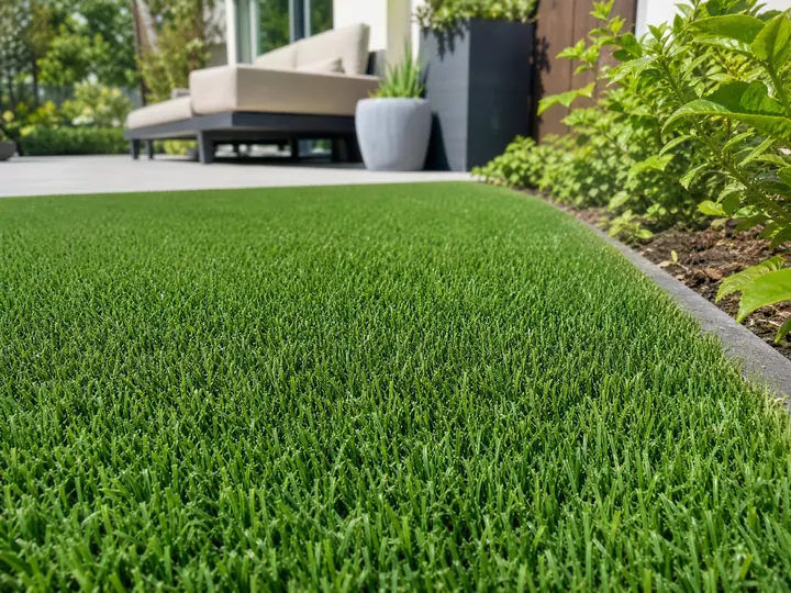 An eye-level outdoor photograph of a clean, non-infilled residential turf lawn installed neatly in a modern backyard.