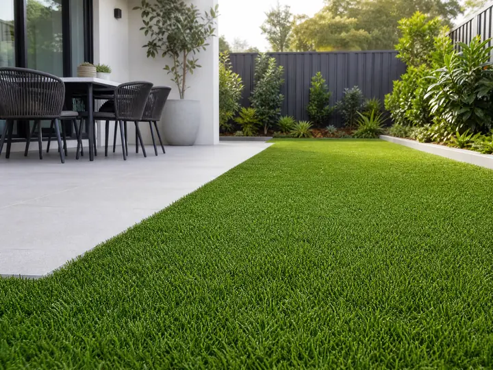 A vibrant residential backyard featuring neatly installed medium-pile green turf surrounded by modern garden landscaping.