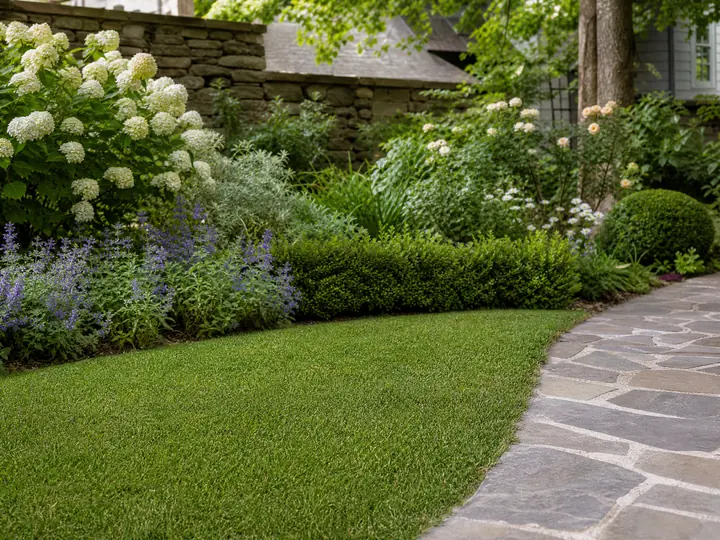 A lush residential artificial turf lawn featuring a realistic thatch layer installed in a vibrant suburban backyard.