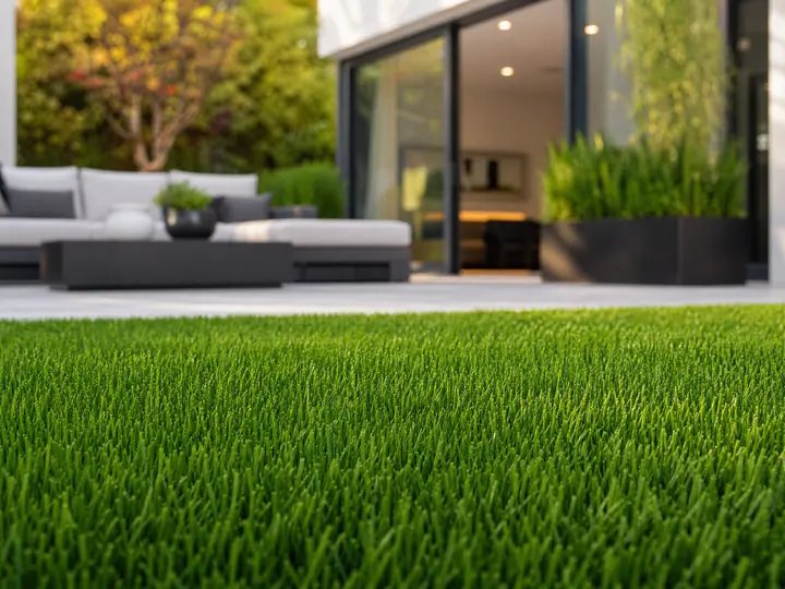A vibrant residential backyard installation featuring lush green monofilament turf surrounding a modern patio space.
