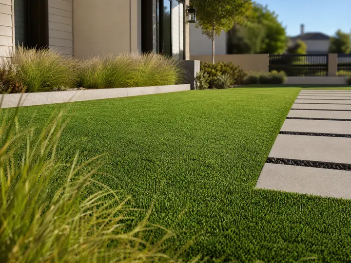 A vibrant residential backyard featuring lush polyethylene turf, creating a soft and inviting green outdoor living space.