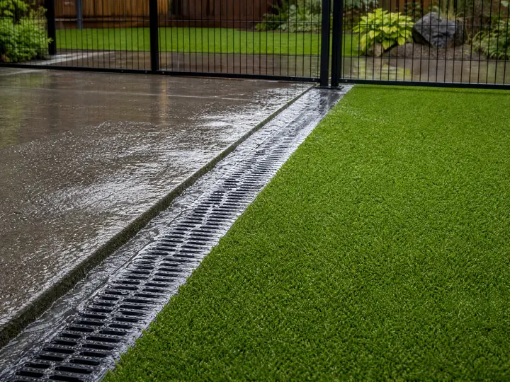 A lush green artificial pet turf installation featuring clean drainage lines and a durable surface suitable for active dogs.