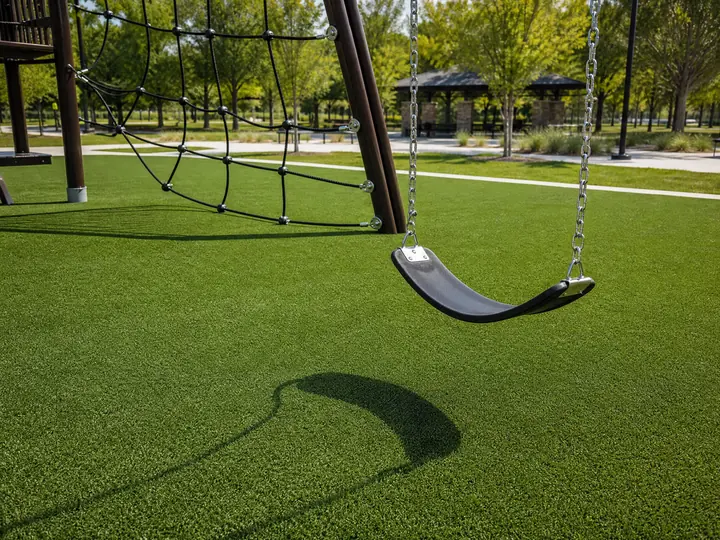 A vibrant outdoor playground featuring lush artificial safety turf installed beneath modern play equipment and climbing structures.