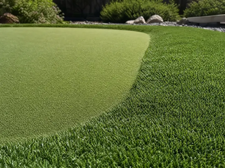 A manicured artificial turf fringe bordering a backyard putting green with a smooth, professional appearance.