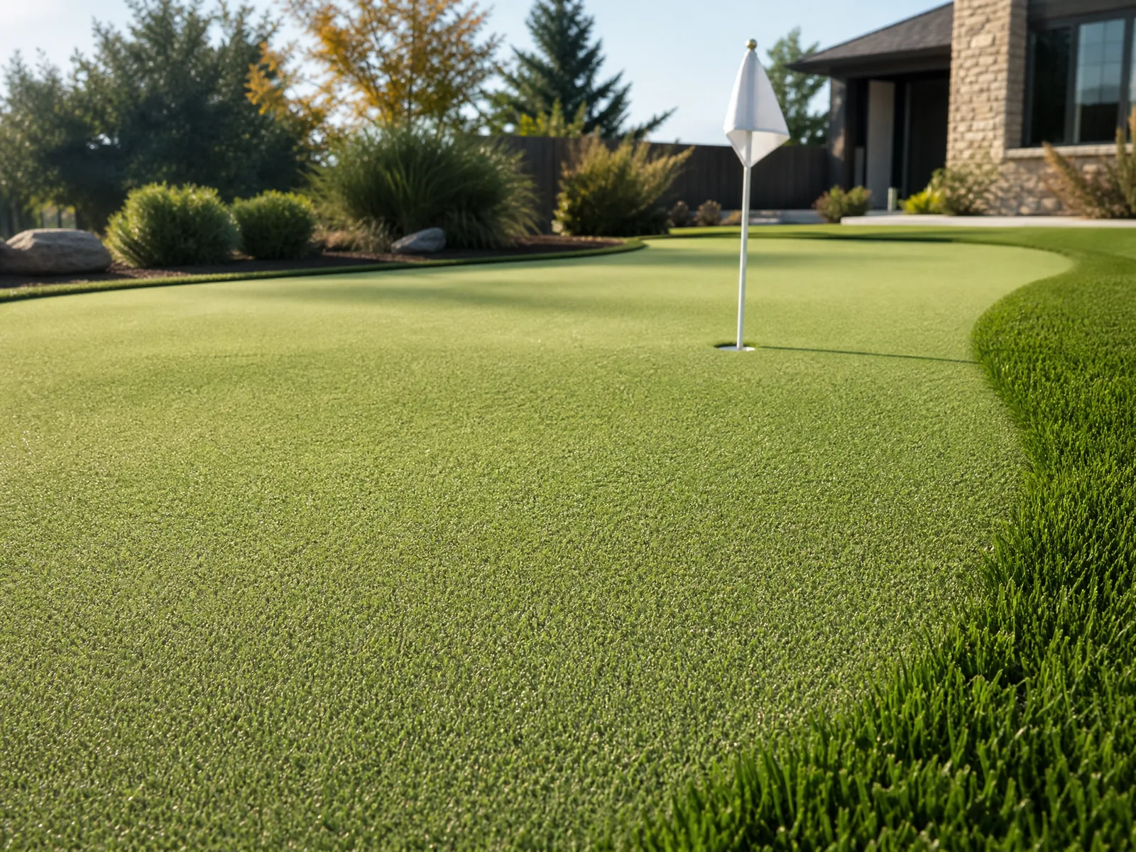 A professional backyard putting green featuring smooth sand-filled artificial turf with a hole and flagstick.