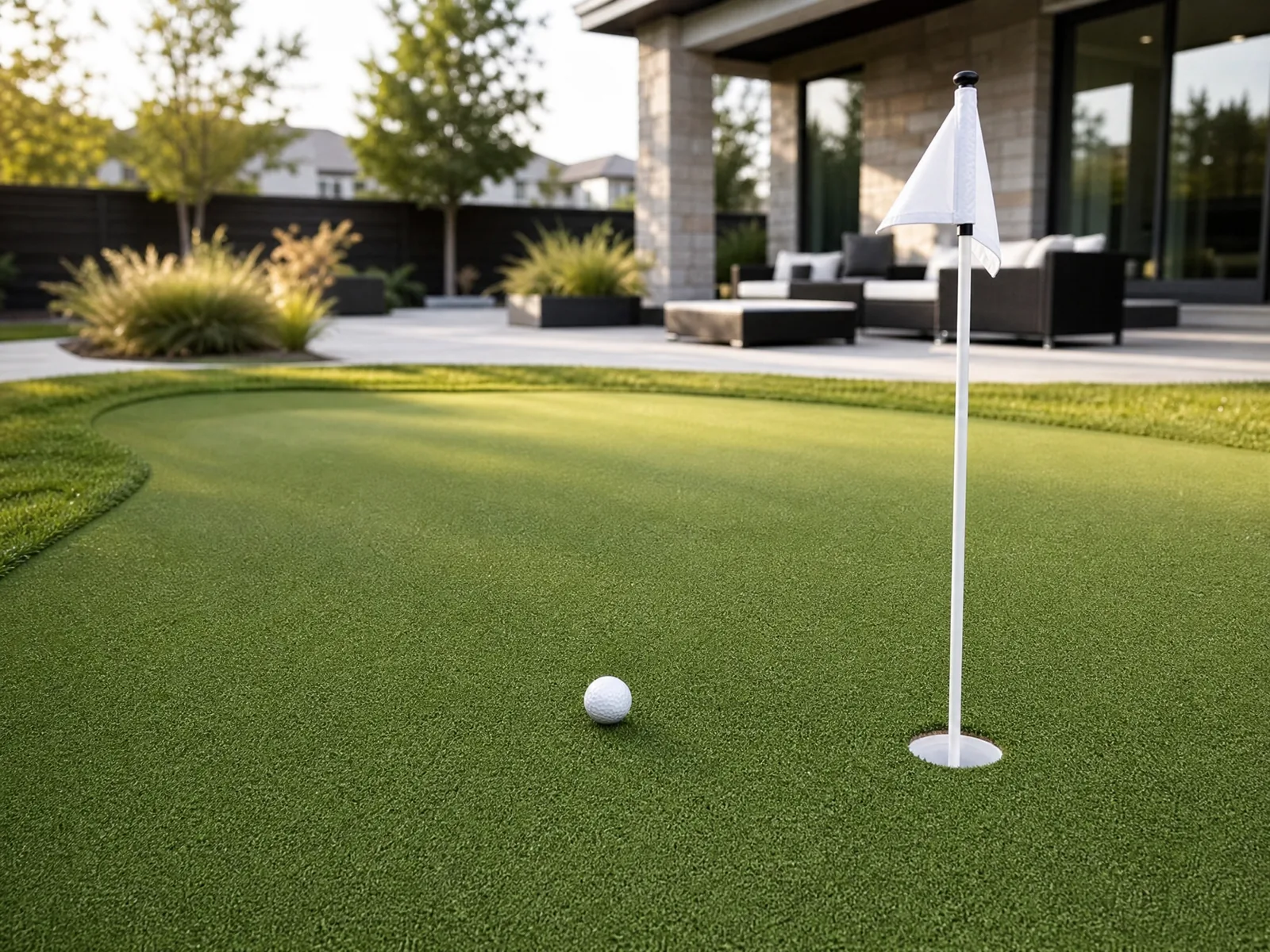 A professionally installed backyard putting green featuring smooth green polypropylene turf surrounded by neatly trimmed landscaping rocks and vibrant garden plants.
