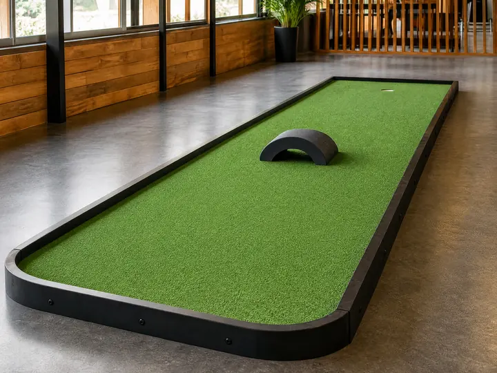 A backyard putting green featuring smooth polypropylene turf surrounded by neatly manicured landscaping under bright daylight.