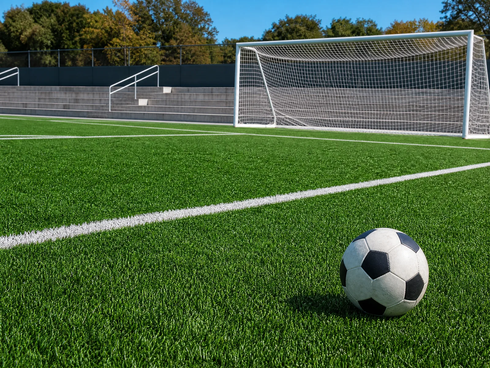 A vibrant green soccer turf field marked with white boundary lines inside a modern indoor athletic training facility.