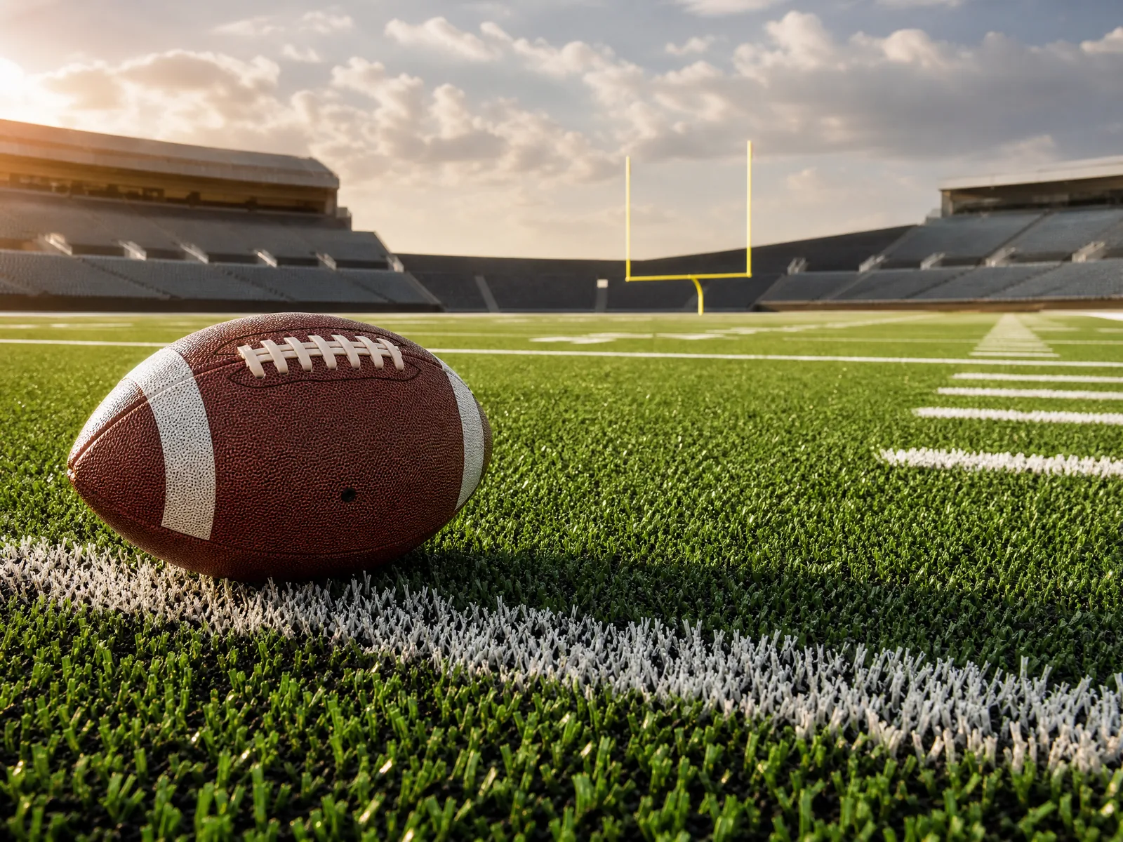 An outdoor sports field covered in professional green football turf featuring white yard lines and heavy-duty training equipment.