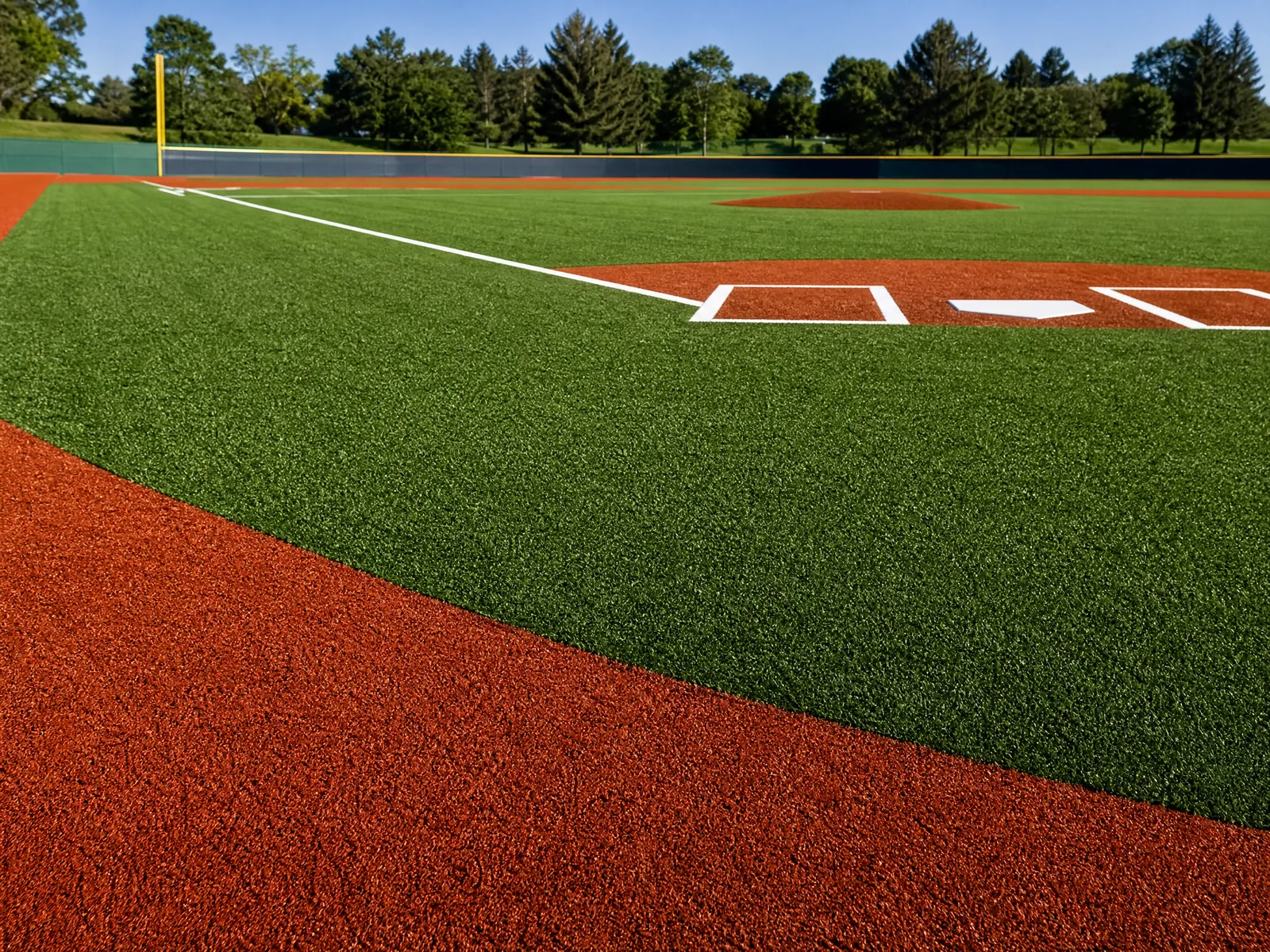 A professional indoor baseball training facility featuring durable green turf with white practice lines and batting cages.