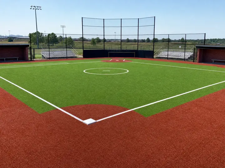 A vibrant green softball training turf field featuring crisp white practice lines inside a modern indoor facility.