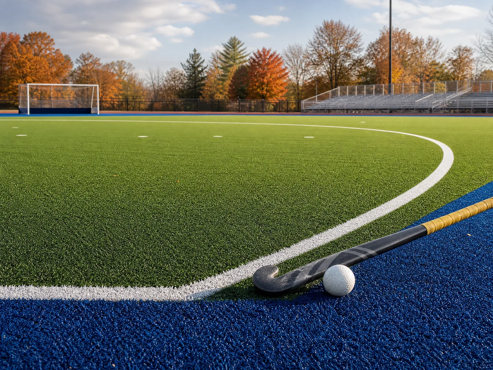 A professional green field hockey turf installation featuring crisp white boundary lines marked across the athletic training pitch.