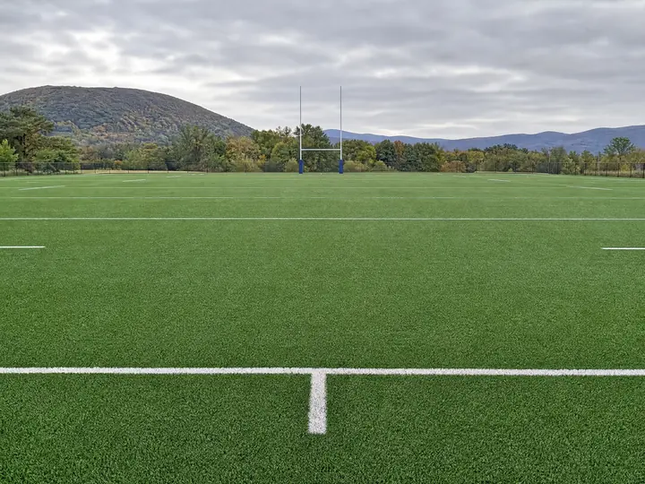 An outdoor rugby training field featuring green artificial turf marked with crisp white lines under a bright sky.
