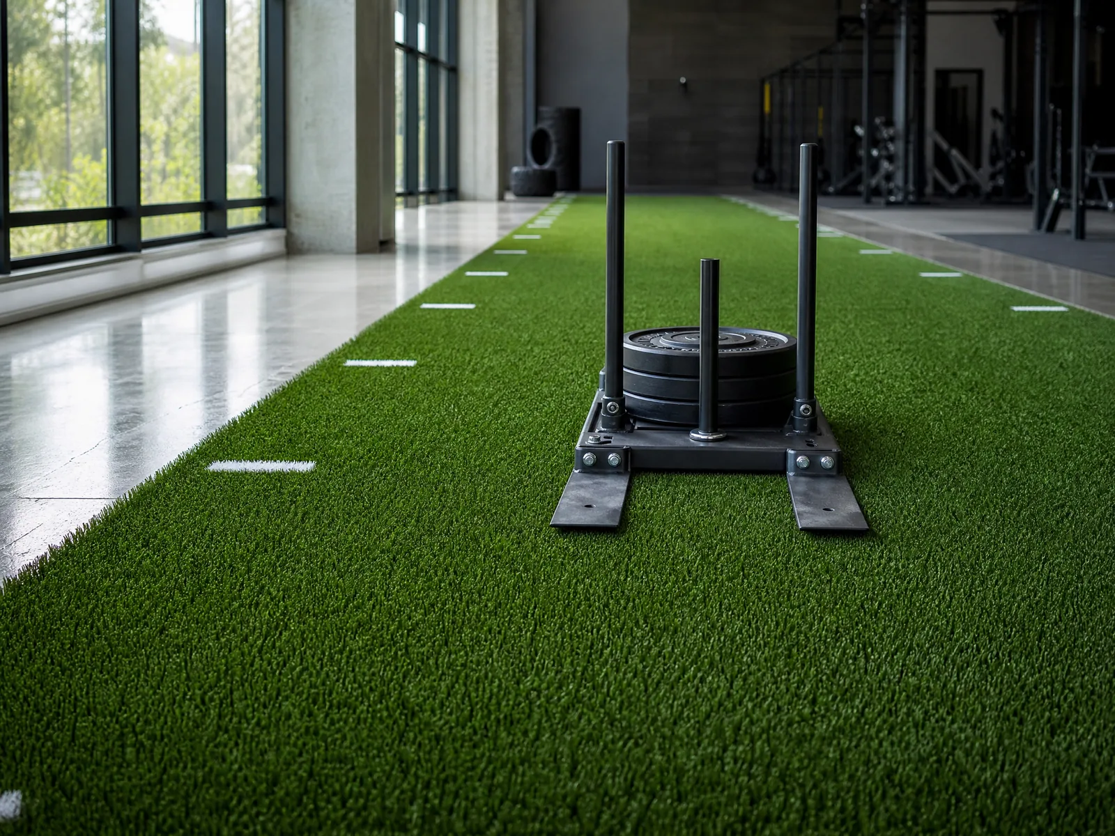 A professional indoor training facility featuring dark sports turf with agility markings and heavy-duty nylon construction.