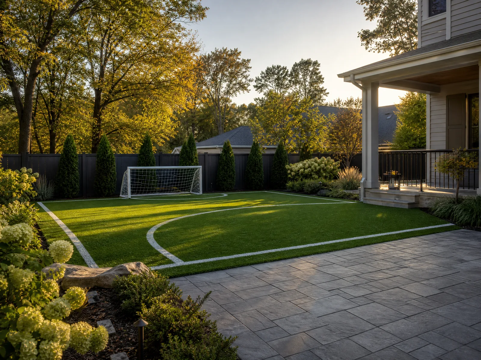 A professionally installed residential backyard sports turf area equipped with durable green turf designed for daily athletic training and agility workouts.