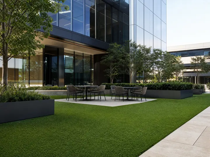 A vibrant green commercial artificial turf installation in a modern hotel courtyard featuring sleek outdoor seating and lush landscaping.