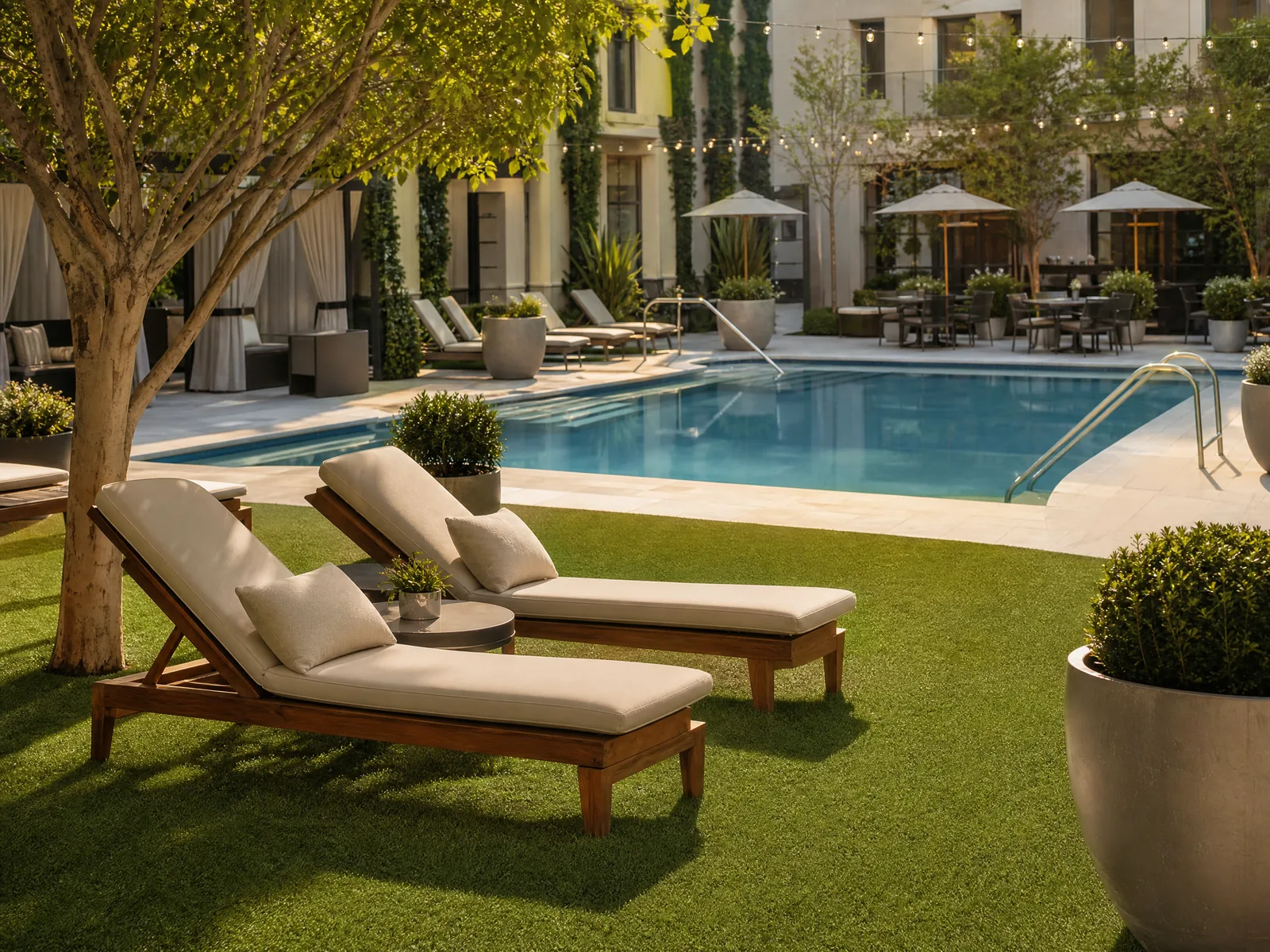An outdoor hotel rooftop patio featuring lush commercial hospitality turf surrounded by modern lounge seating and planters.