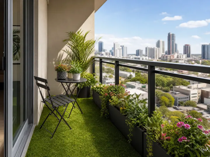 A lush green artificial turf installation on a modern rooftop patio featuring comfortable lounging chairs and poolside views.