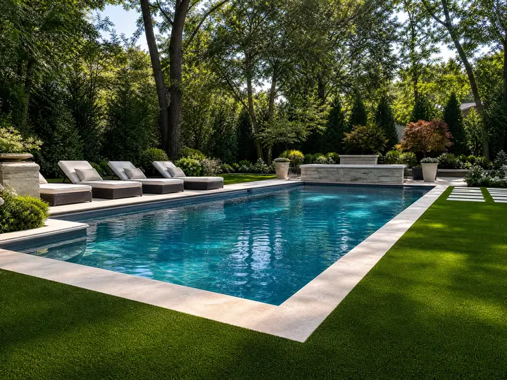 A vibrant green artificial turf installation surrounding a sparkling outdoor swimming pool on a sunny patio deck.