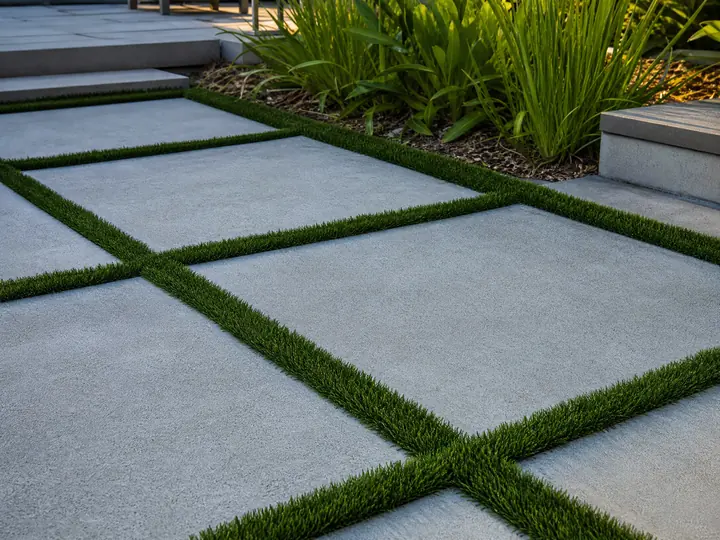 A professionally installed artificial turf section seamlessly embedded between grey stone pavers on a modern sunny patio.