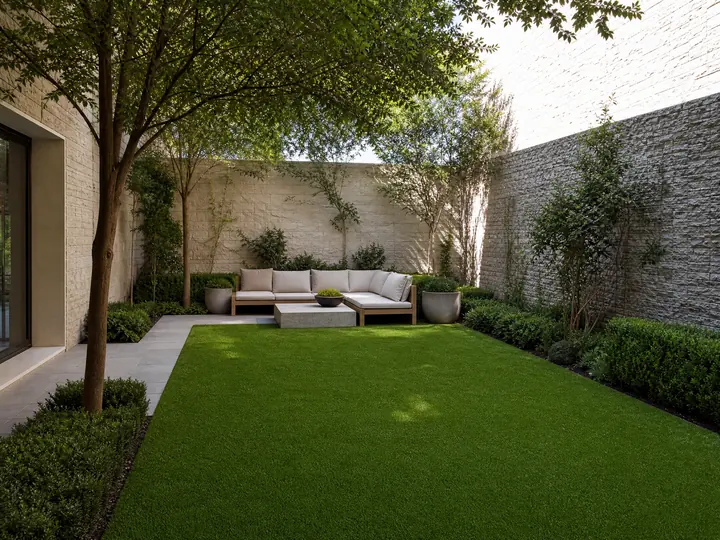 A lush courtyard installation featuring artificial turf neatly fitted between stone pavers on a sunny modern patio.