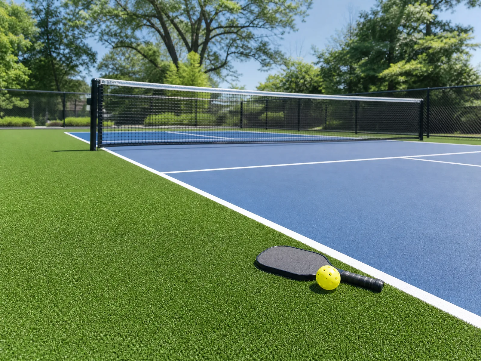 A professional installation of lush green turf framing modern stone pavers around a backyard pickleball court.