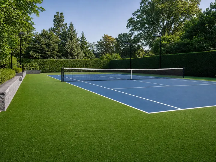 Artificial turf installed around paver walkways and tennis court surrounds providing a clean, green recreational surface.