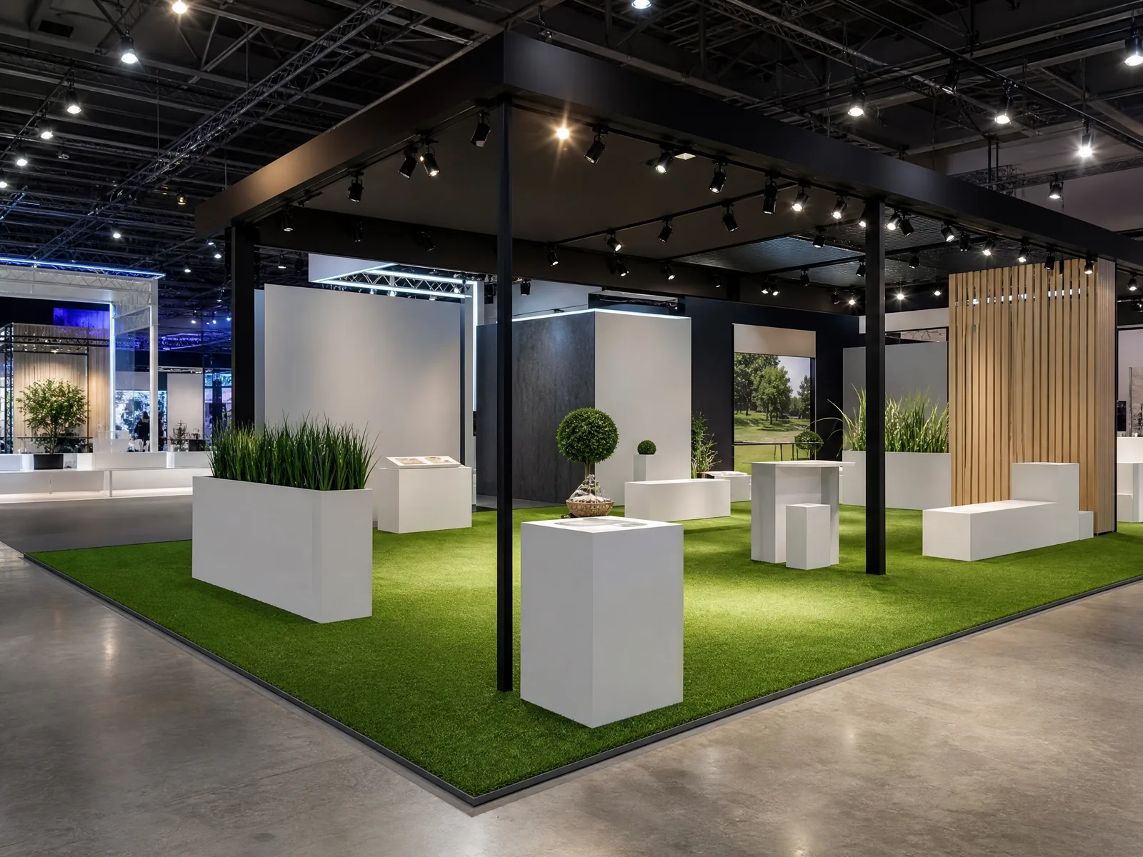 A vibrant green exhibition turf roll laid out cleanly across a bright convention center floor for a trade show display.