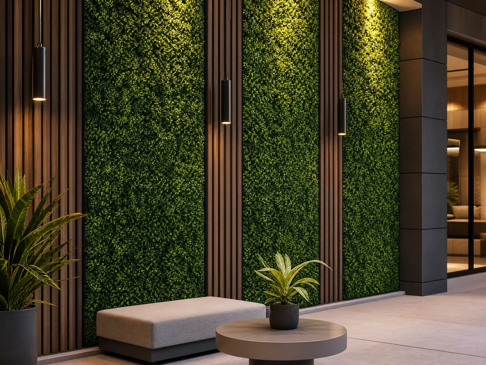 A vibrant green artificial turf wall panel installation creating a lush decorative botanical backdrop indoors.