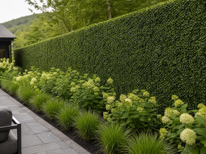 An exterior wall covered in lush artificial hedge turf featuring dense green leaves and natural variation.