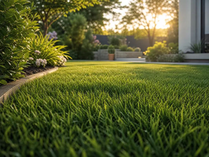A vibrant installation of long-pile luxury turf displaying a lush green lawn in a modern residential backyard.