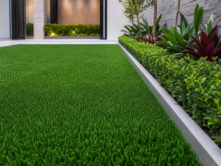 A professionally landscaped backyard featuring lush green luxury artificial turf with a dense-pile texture surrounding a modern stone patio.